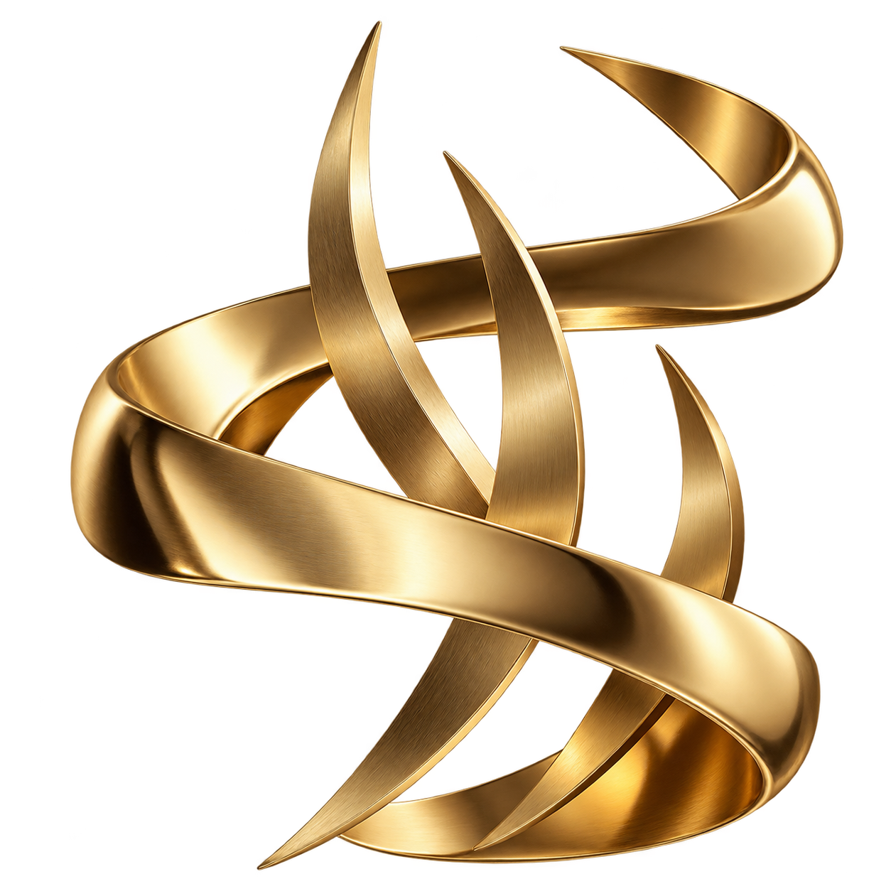 Sculptural gold ribbon folding through three architectural fins
