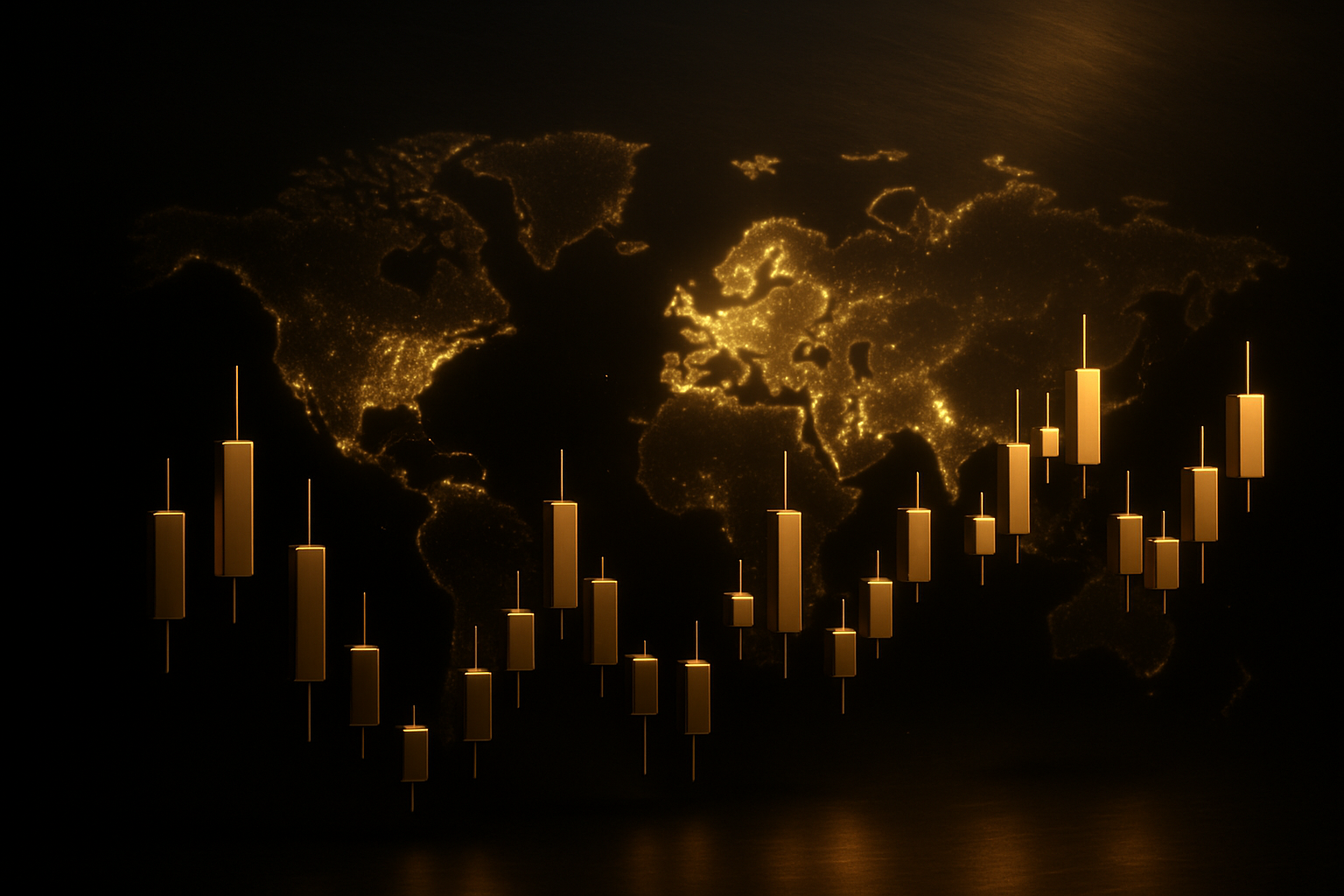 Gold candlesticks rising over a glowing world map